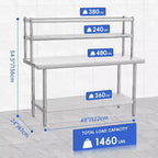 Table de préparation commerciale à 4 niveaux en acier inoxydable 430 avec crochets 122 cm L x 61 cm P Étagères réglables