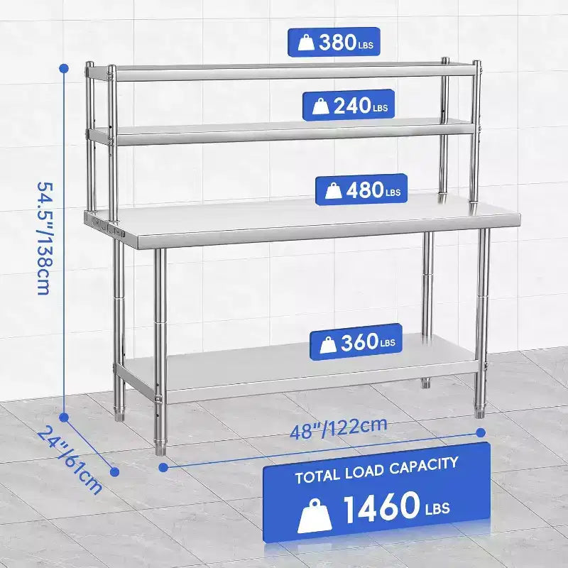 Table de préparation commerciale à 4 niveaux en acier inoxydable 430 avec crochets 122 cm L x 61 cm P Étagères réglables