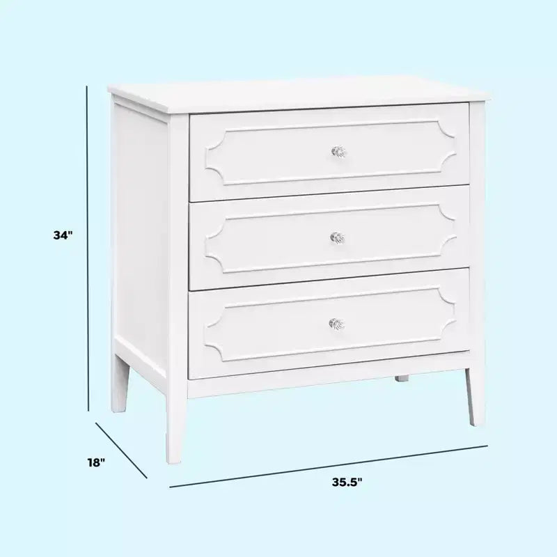 Commode 3 tiroirs en pin massif avec poignées en cristal 18''L x 35.5''P x 34''H Blanc