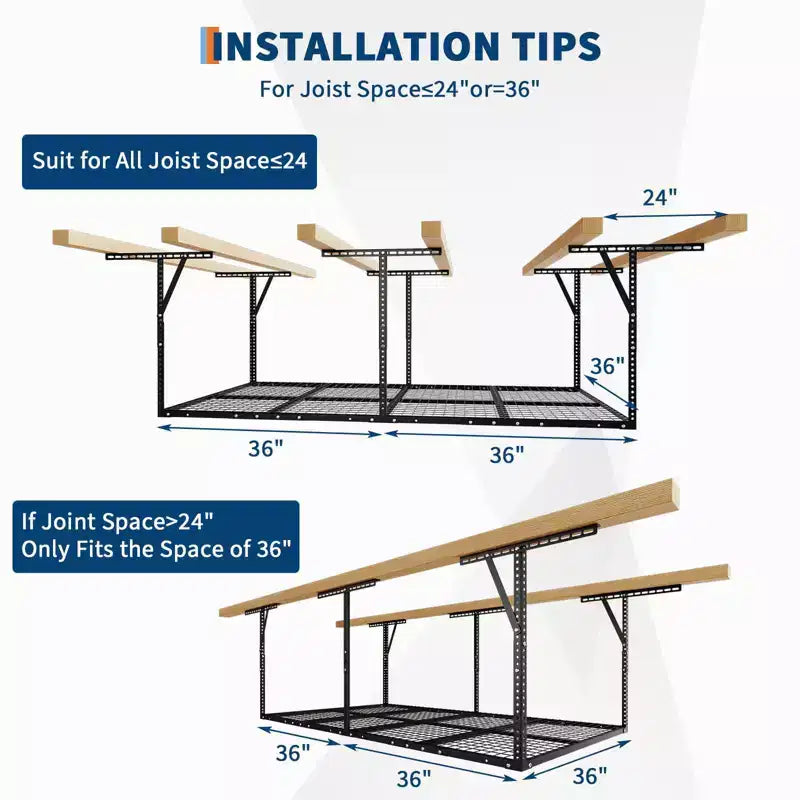 Support de rangement suspendu en acier pour garage, montage au plafond, 96 po P x 48 po L, hauteur réglable