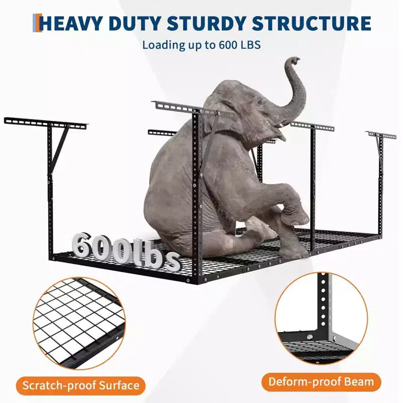 Support de rangement suspendu en acier pour garage, montage au plafond, 96 po P x 48 po L, hauteur réglable