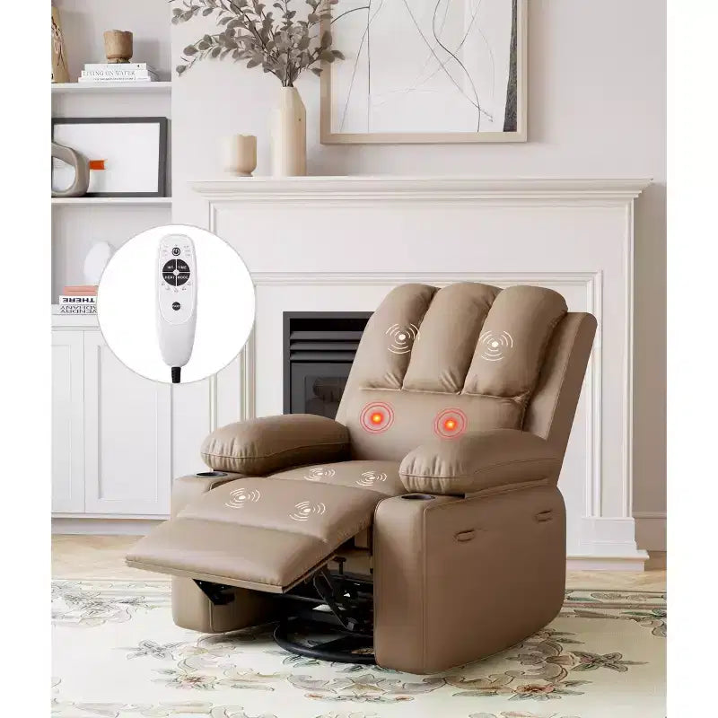 Fauteuil inclinable pivotant et à bascule en métal et similicuir avec massage et chaleur 95 cm (L) x 103 cm (H)