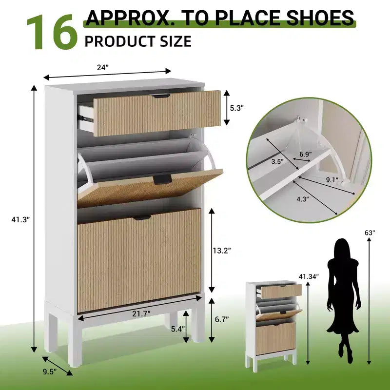 Meuble à chaussures fin en métal cannelé avec 2 portes abattantes et 1 tiroir