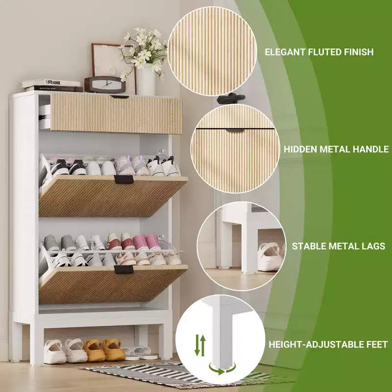 Meuble à chaussures fin en métal cannelé avec 2 portes abattantes et 1 tiroir