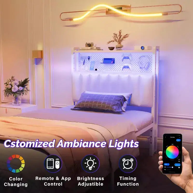 Tête de lit en métal et rembourrée avec étagères à 2 niveaux, panneau perforé et lumières LED RVB 101,5 cm (L) x 115 cm (H)