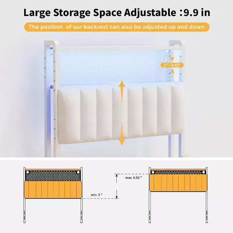 Tête de lit en métal et rembourrée avec étagères à 2 niveaux, panneau perforé et lumières LED RVB 101,5 cm (L) x 115 cm (H)