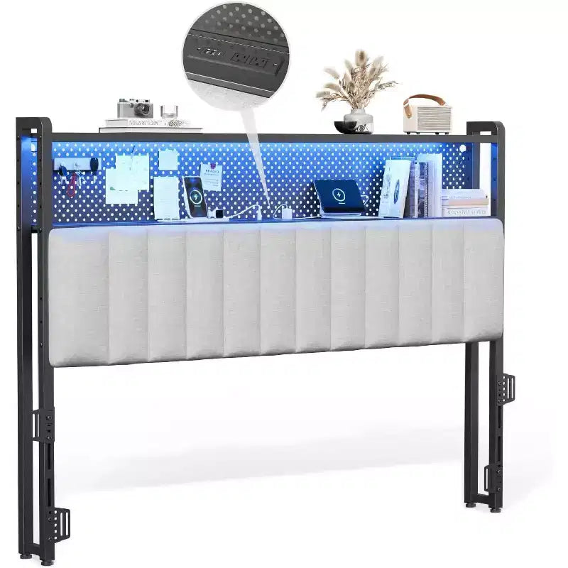 Tête de lit en métal et rembourrée avec étagères à 2 niveaux, panneau perforé et lumières LED RVB 101,5 cm (L) x 115 cm (H)