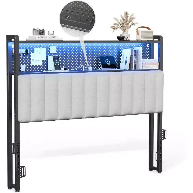 Tête de lit en métal et rembourrée avec étagères à 2 niveaux, panneau perforé et lumières LED RVB 101,5 cm (L) x 115 cm (H)