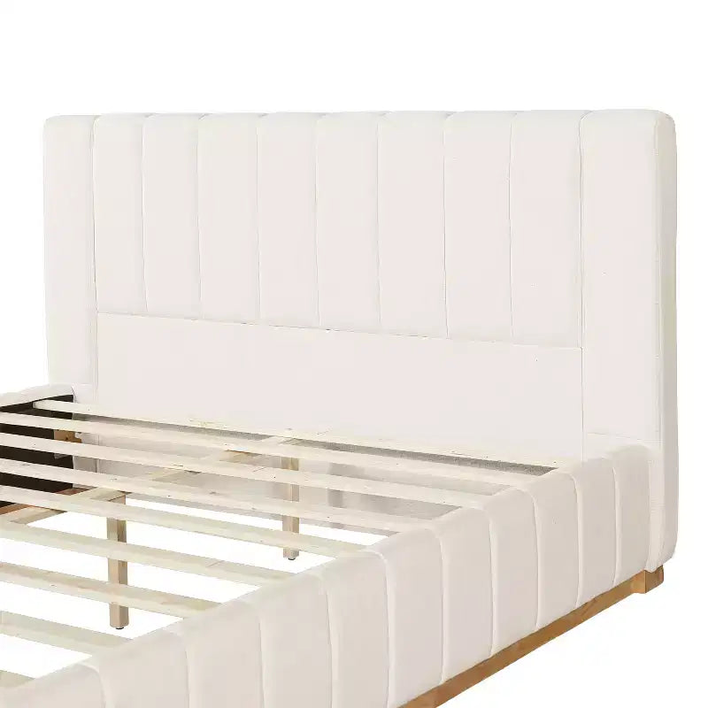 Lit plate-forme en hévéa et polyester avec tête de lit rayée Grand lit/Très grand lit