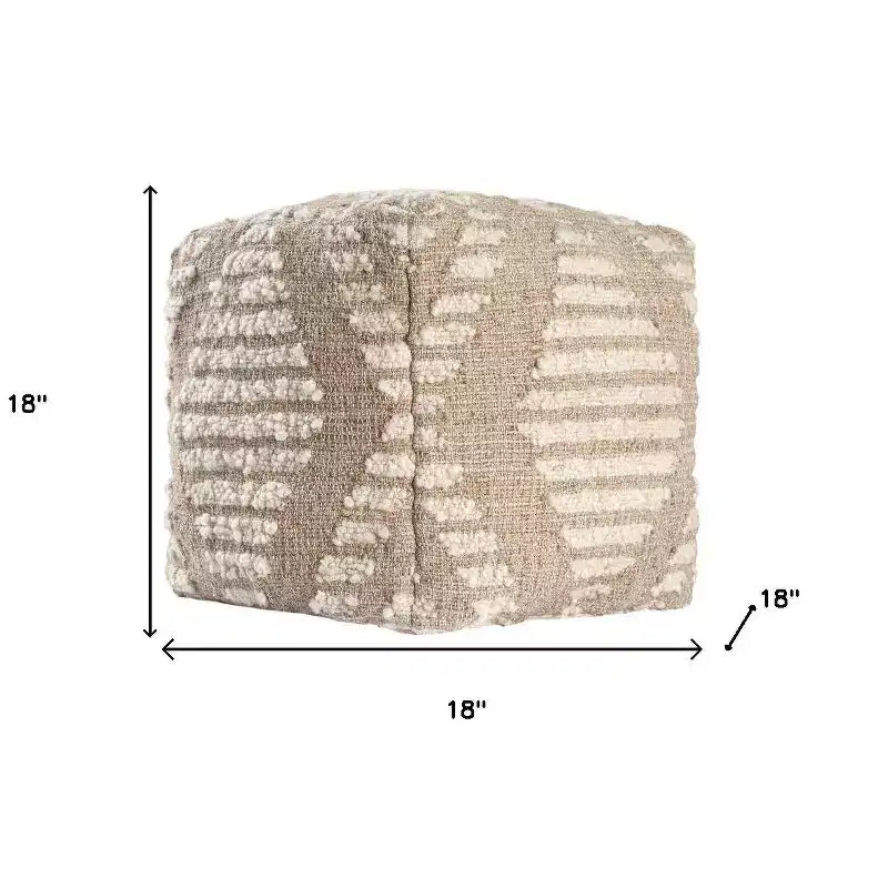 Pouf Ottoman en Coton, Jute et Laine à Motifs Géométriques Cubiques 45,7 cm H x 45,7 cm L Ivoire