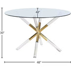 Table à manger ronde en métal et verre trempé avec piédestal doré en acrylique 48''L x 30''H