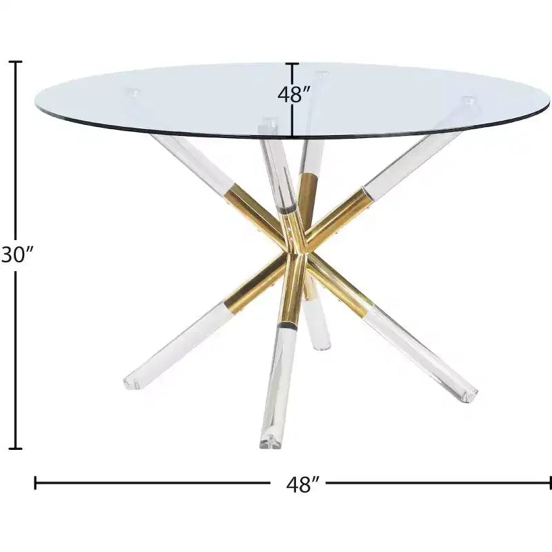 Table à manger ronde en métal et verre trempé avec piédestal doré en acrylique 48''L x 30''H