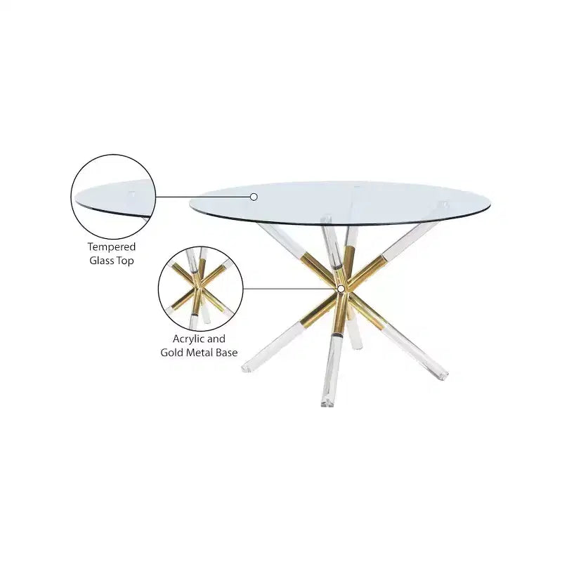 Table à manger ronde en métal et verre trempé avec piédestal doré en acrylique 48''L x 30''H