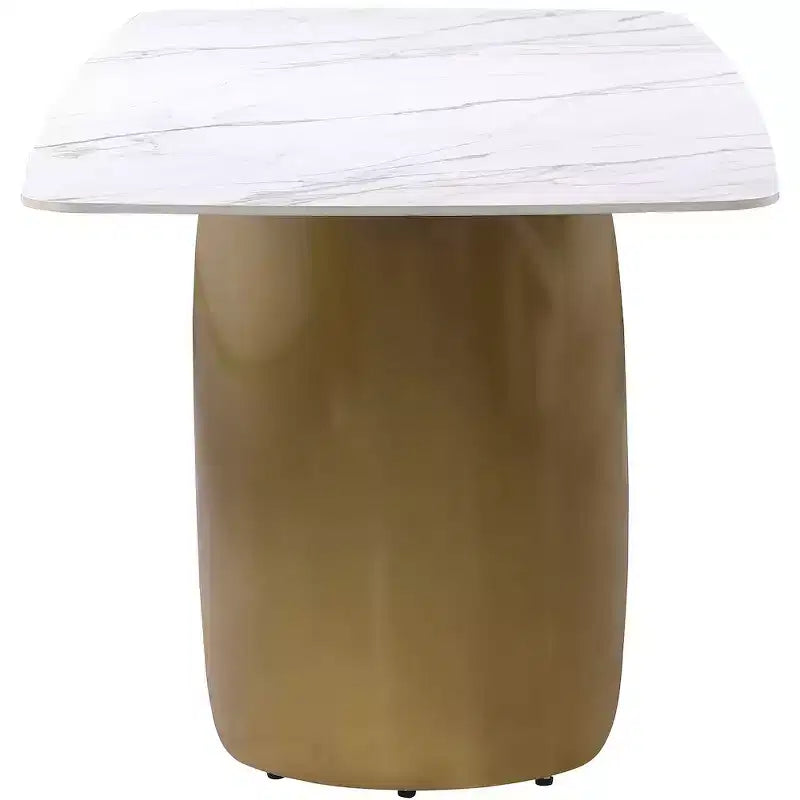 Table à manger rectangulaire en métal et pierre frittée avec base incurvée dorée L 180 cm x H 76 cm Blanc