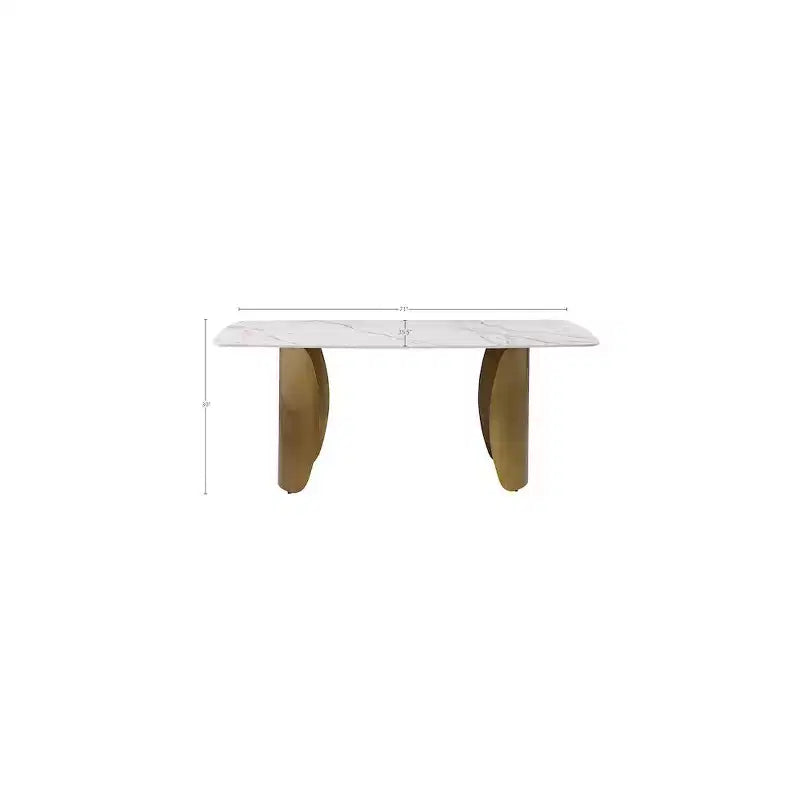 Table à manger rectangulaire en métal et pierre frittée avec base incurvée dorée L 180 cm x H 76 cm Blanc