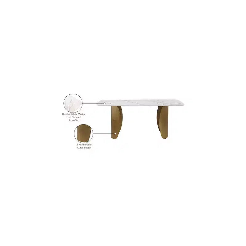 Table à manger rectangulaire en métal et pierre frittée avec base incurvée dorée L 180 cm x H 76 cm Blanc
