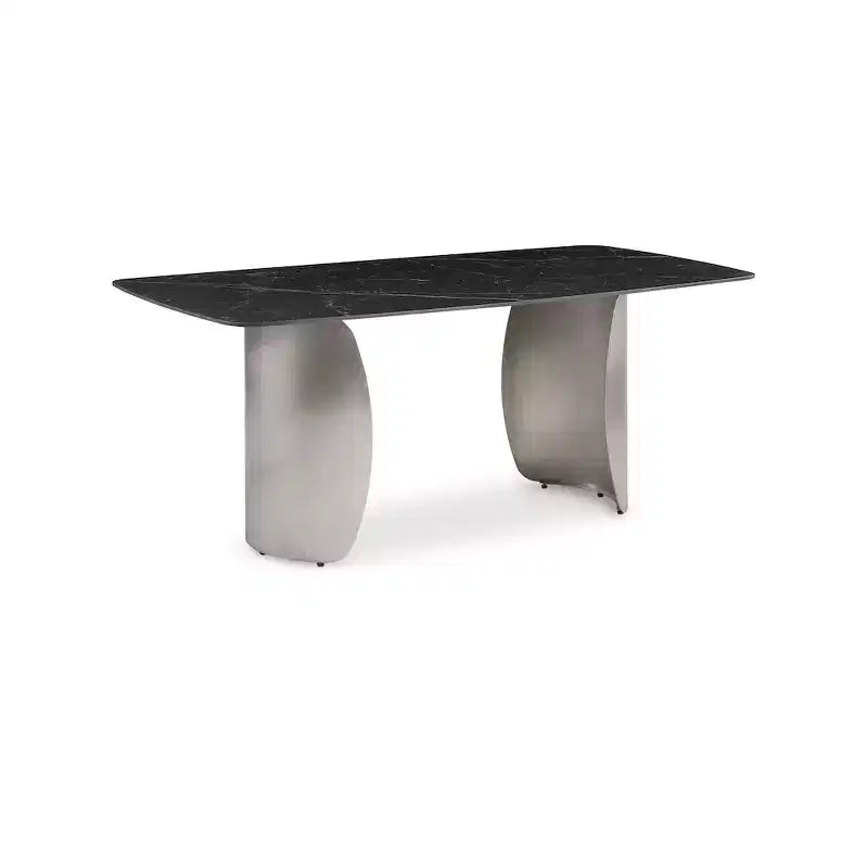 Table à manger rectangulaire en métal et pierre frittée avec base incurvée dorée L 180 cm x H 76 cm Blanc
