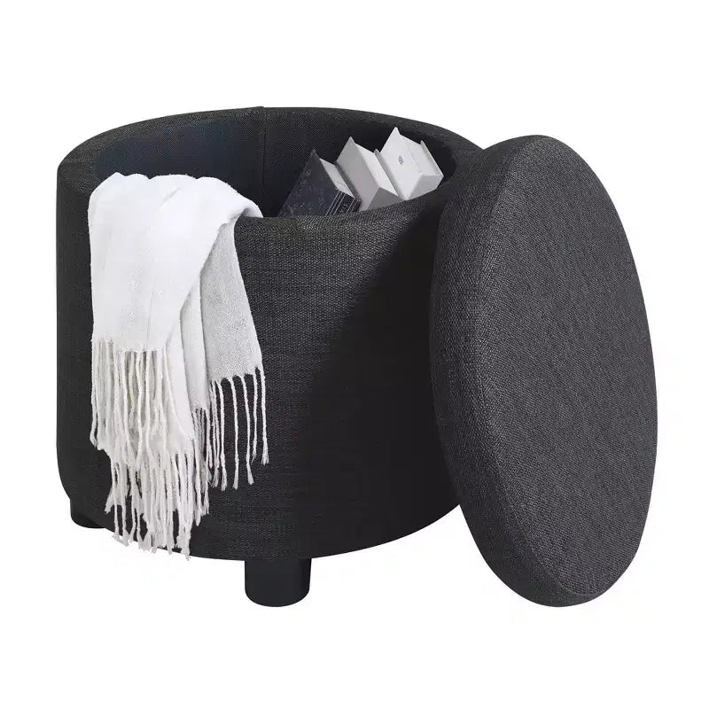 Pouffe de rangement rond en bois et similicuir avec plateau de couvercle réversible 56 cm (22") L x 41 cm (16") H Gris anthracite