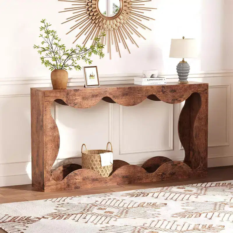 Console en bois composite avec rebord en forme d'éventail et étagère inférieure 160 cm (L) x 85,6 cm (H) Marron