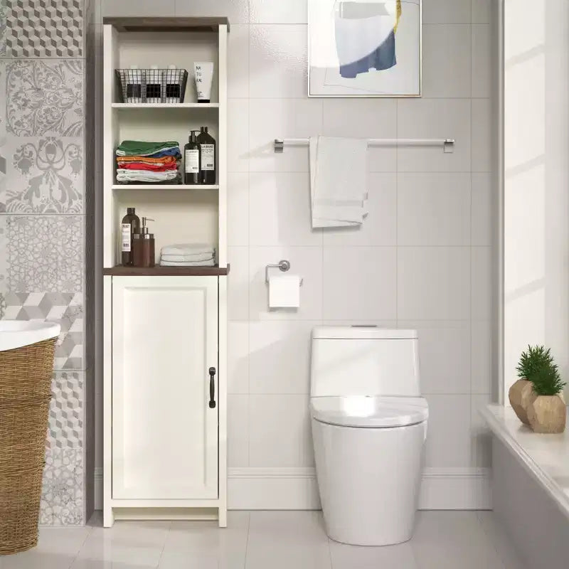 Meuble haut de salle de bain en bois avec étagères ouvertes et porte inférieure 39,6 cm (L) x 161,8 cm (H) Ivoire