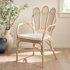 Fauteuil en Bois et Rotin avec Coussin en Coton 54 cm L x 84 cm H Effet Bois Blanchi