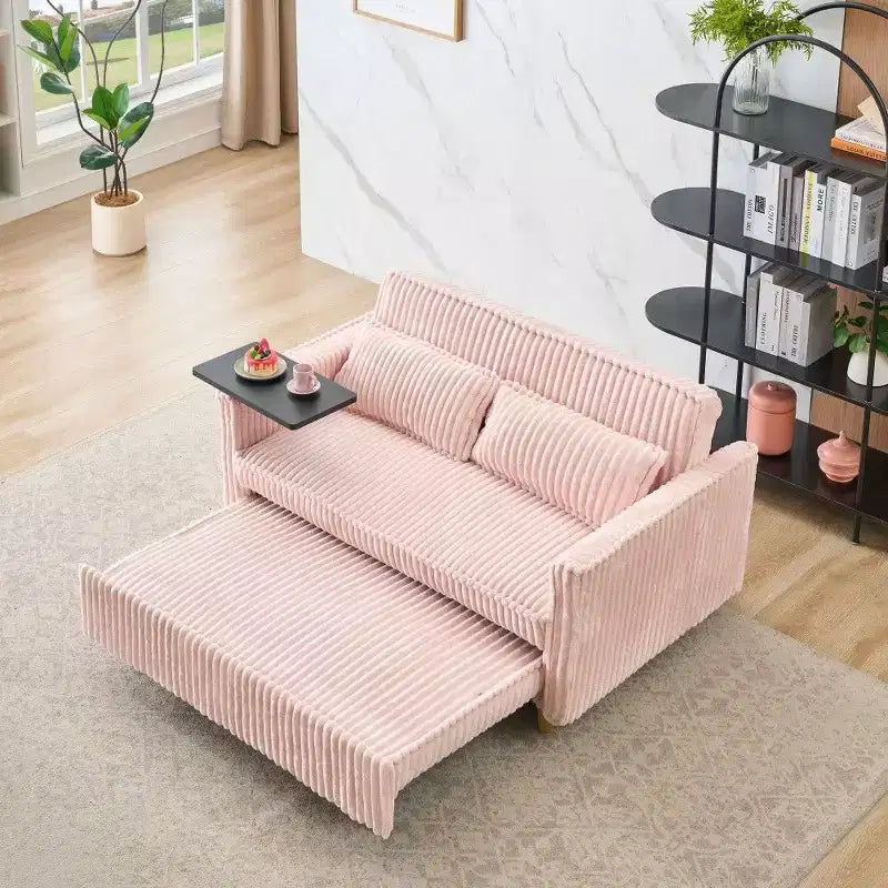 Canapé-lit convertible bois et velours côtelé avec plateau mobile et port USB 137,5 cm L x 76 cm H