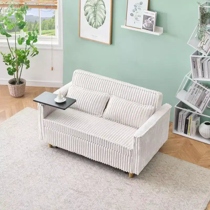 Canapé-lit convertible bois et velours côtelé avec plateau mobile et port USB 137,5 cm L x 76 cm H