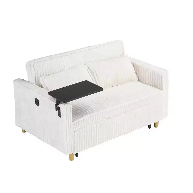 Canapé-lit convertible bois et velours côtelé avec plateau mobile et port USB 137,5 cm L x 76 cm H