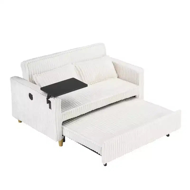 Canapé-lit convertible bois et velours côtelé avec plateau mobile et port USB 137,5 cm L x 76 cm H