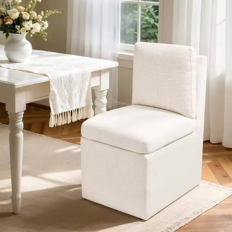 Chaise sans accoudoirs en bois et lin avec roulettes silencieuses H. 69,85 cm, coloris avoine