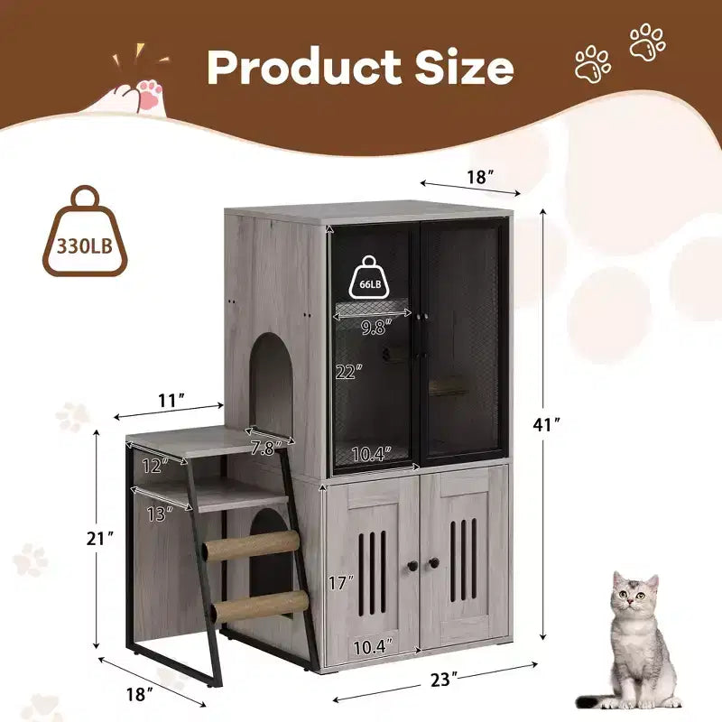 Meuble litière pour chat en bois 2-en-1 avec poteaux griffoirs en sisal et hamac 65 cm (L) x 70 cm (P)