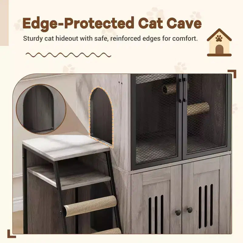 Meuble litière pour chat en bois 2-en-1 avec poteaux griffoirs en sisal et hamac 65 cm (L) x 70 cm (P)