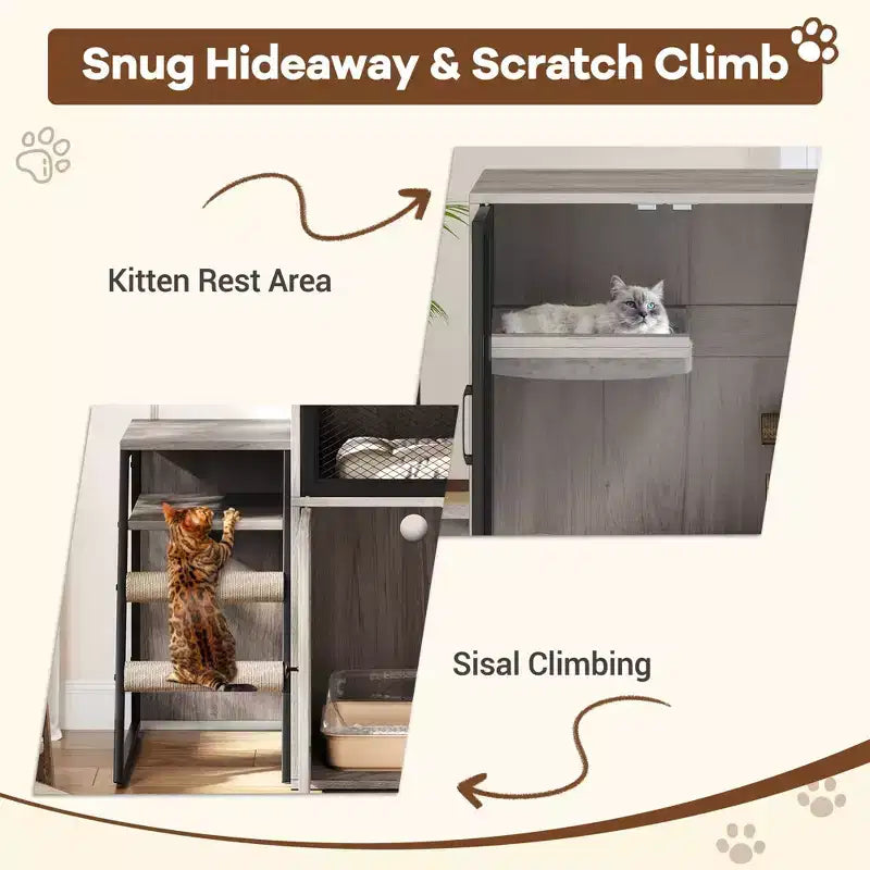 Meuble litière pour chat en bois 2-en-1 avec poteaux griffoirs en sisal et hamac 65 cm (L) x 70 cm (P)