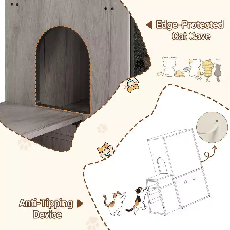 Meuble litière pour chat en bois 2-en-1 avec poteaux griffoirs en sisal et hamac 65 cm (L) x 70 cm (P)