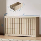 Commode 6 tiroirs en MDF et panneaux de particules avec panneaux à rainures ondulées 54''L x 31.5''H Finition naturelle