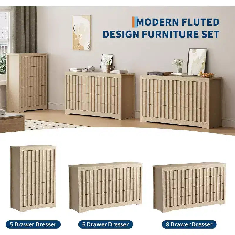 Commode 6 tiroirs en MDF et panneaux de particules avec panneaux à rainures ondulées 54''L x 31.5''H Finition naturelle