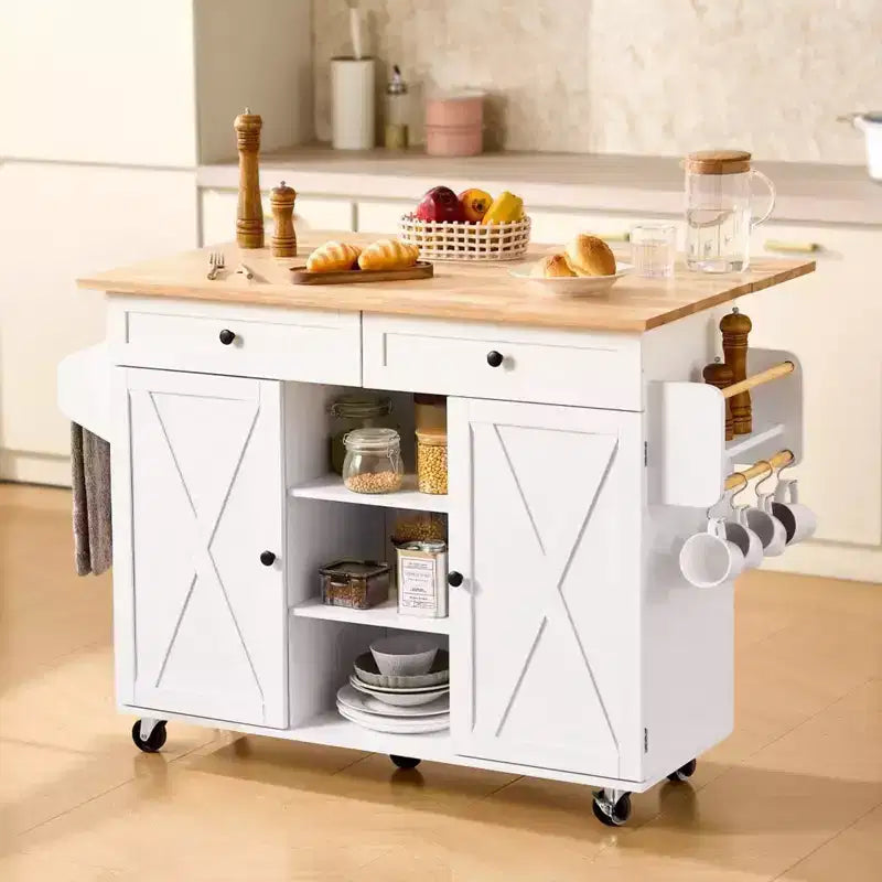 Meuble îlot de cuisine avec plateau en métal et bois massif, abattant et tiroirs 132 cm L x 89 cm H Blanc