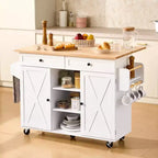 Meuble îlot de cuisine avec plateau en métal et bois massif, abattant et tiroirs 132 cm L x 89 cm H Blanc