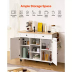 Meuble îlot de cuisine avec plateau en métal et bois massif, abattant et tiroirs 132 cm L x 89 cm H Blanc