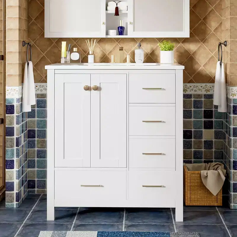 Meuble-lavabo de salle de bain en bois et MDF avec évier en céramique et portes à fermeture amortie 30'' L x 33,8'' H