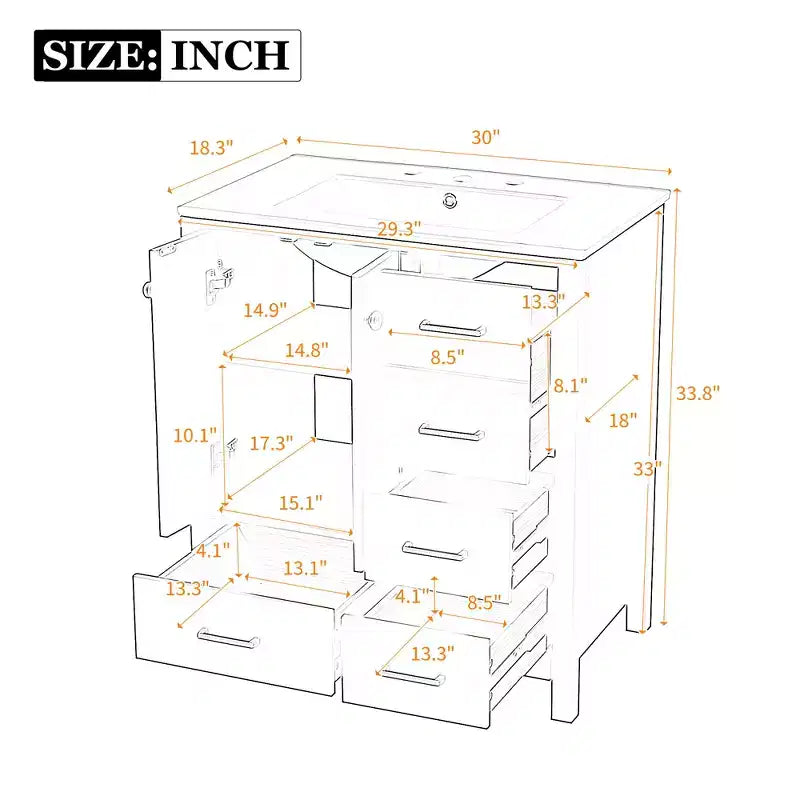 Meuble-lavabo de salle de bain en bois et MDF avec évier en céramique et portes à fermeture amortie 30'' L x 33,8'' H