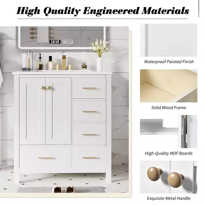 Meuble-lavabo de salle de bain en bois et MDF avec évier en céramique et portes à fermeture amortie 30'' L x 33,8'' H