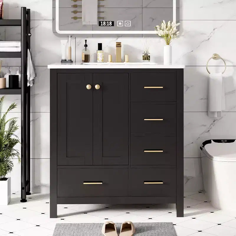 Meuble-lavabo de salle de bain en bois et MDF avec évier en céramique et portes à fermeture amortie 30'' L x 33,8'' H