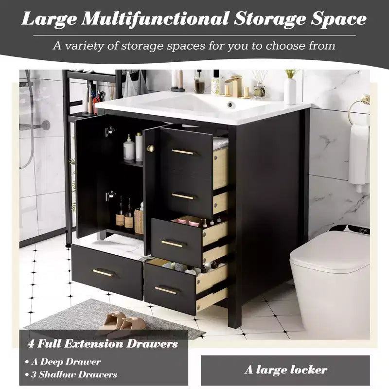Meuble-lavabo de salle de bain en bois et MDF avec évier en céramique et portes à fermeture amortie 30'' L x 33,8'' H