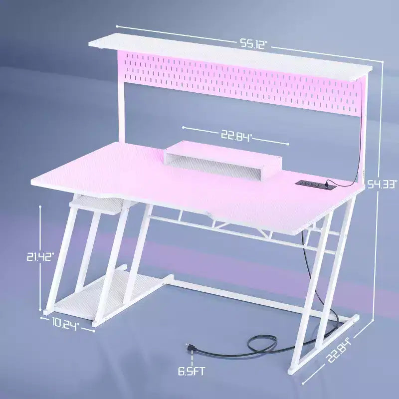 Bureau gaming en MDF et métal avec étagère, panneau perforé et éclairage RGB 55''L x 54.33''H