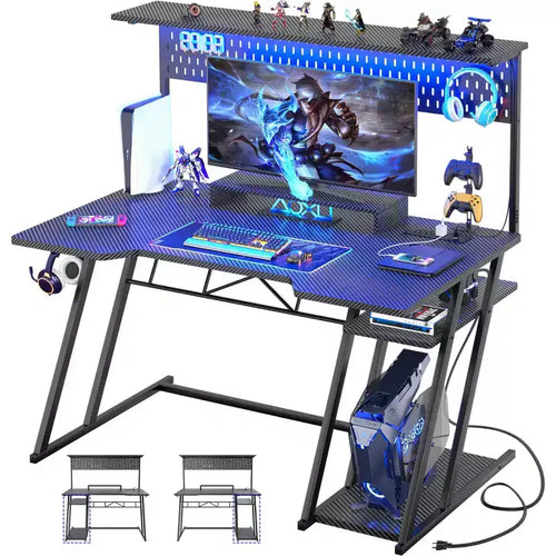 Bureau gaming en MDF et métal avec étagère, panneau perforé et éclairage RGB 55''L x 54.33''H