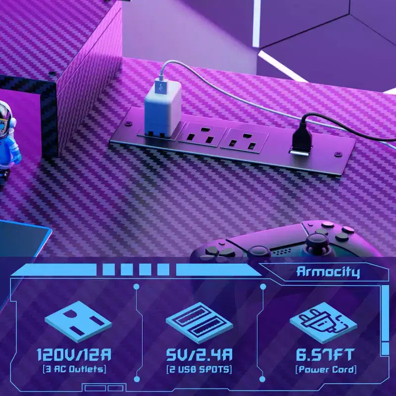 Bureau gaming en MDF et métal avec étagère, panneau perforé et éclairage RGB 55''L x 54.33''H
