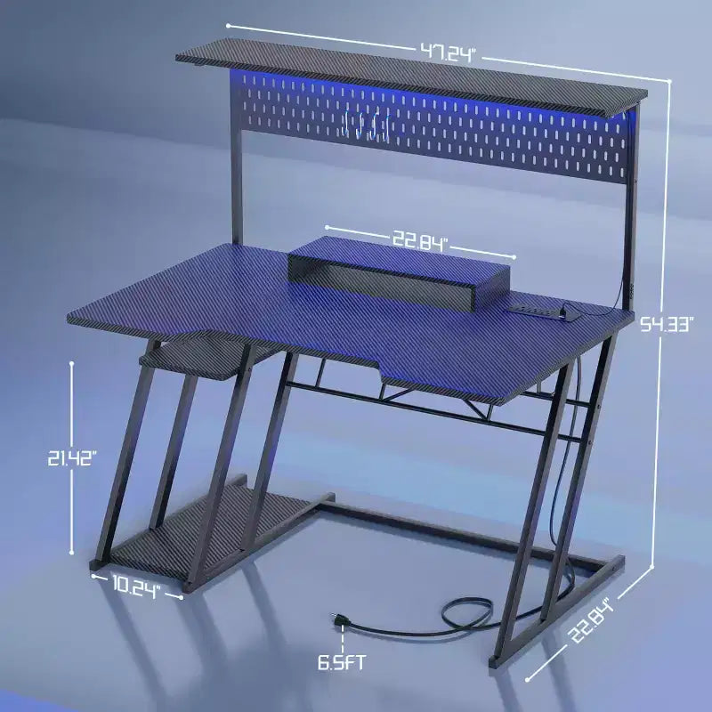 Bureau gaming en MDF et métal avec étagère, panneau perforé et éclairage RGB 55''L x 54.33''H