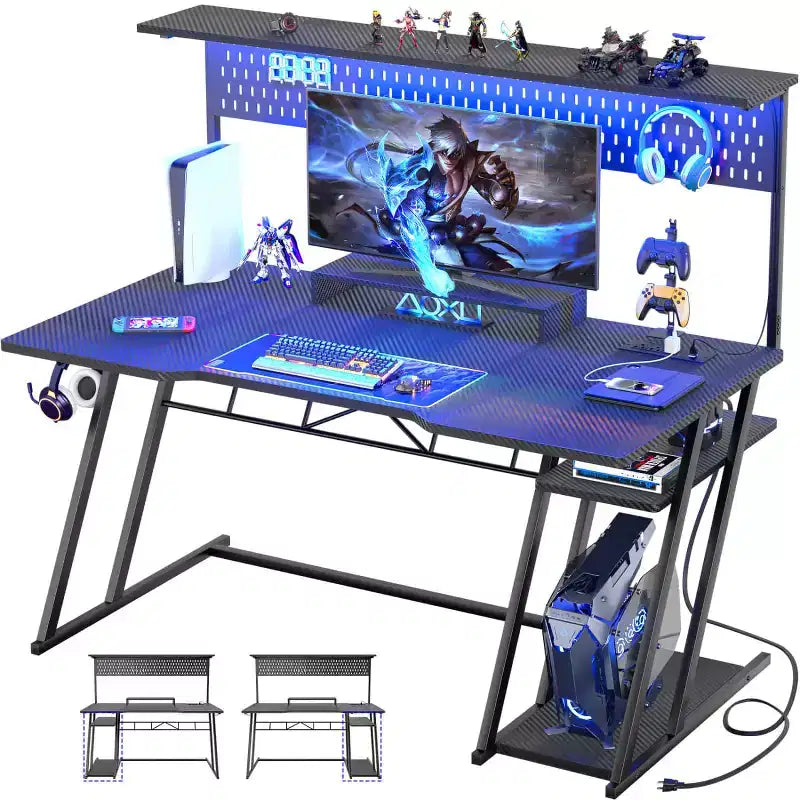 Bureau gaming en MDF et métal avec étagère, panneau perforé et éclairage RGB 55''L x 54.33''H