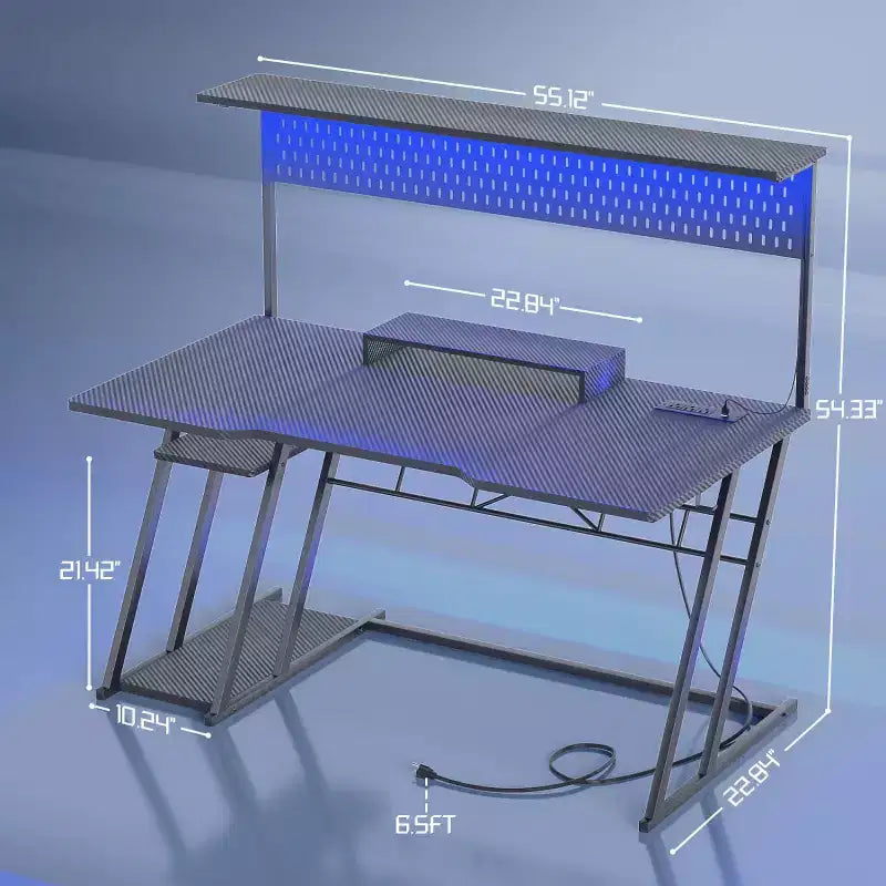 Bureau gaming en MDF et métal avec étagère, panneau perforé et éclairage RGB 55''L x 54.33''H